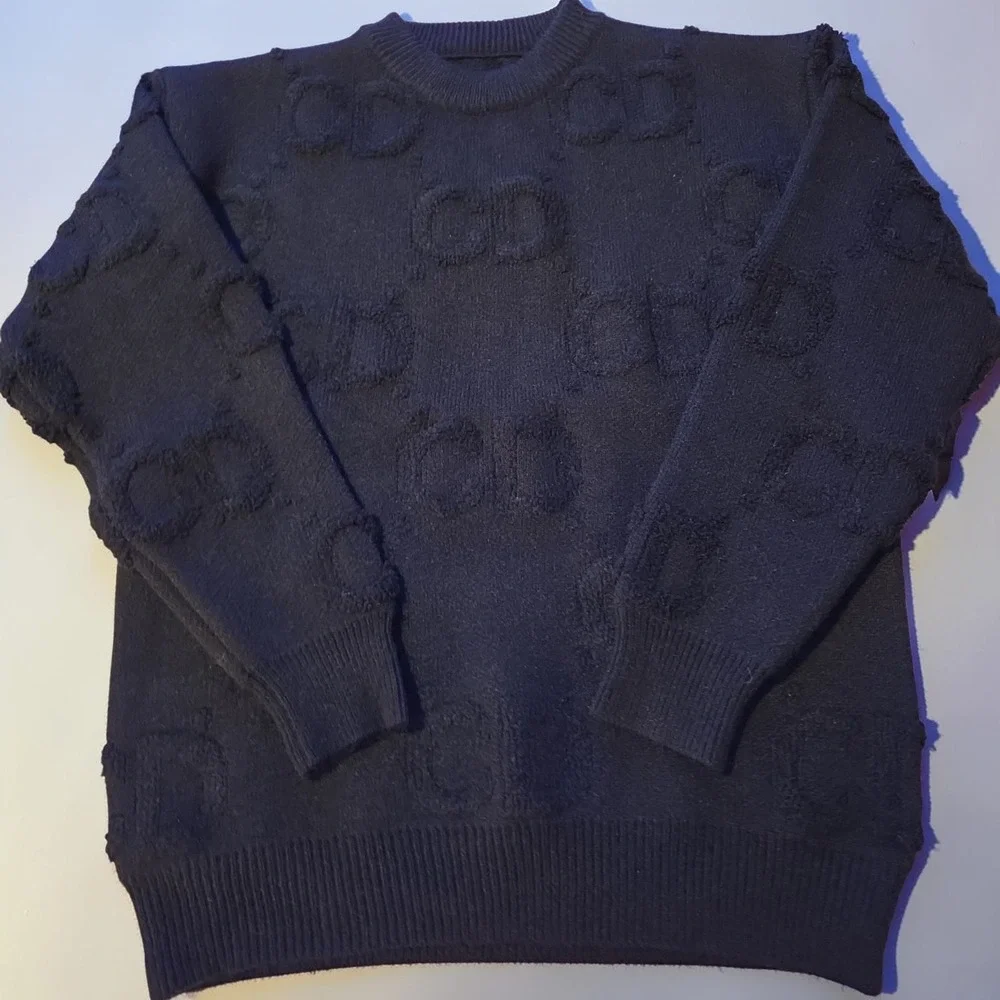 Black Textured Monogram Knit Sweater Crewneck Pullover‎ Long Sleeve Size L